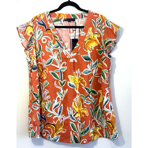 Rachel Rachel Roy Linen Floral Top 2X Tropical Flutter Sleeve V-neck NWT